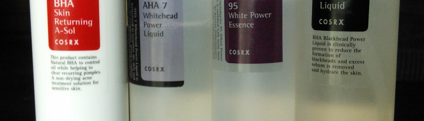 COSRX Returning A-Sol, White Power Essence, AHA 7 Whitehead Power Liquid, and BHA Blackhead Power Liquid